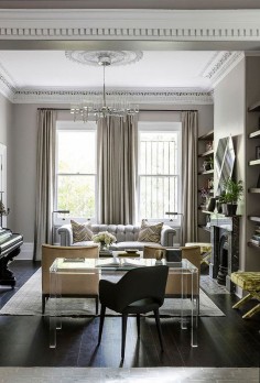 Classic living room (featured in Belle magazine July 2015) - period cornices, ceiling roses and marble fireplace juxtaposed with modern furniture, luxe soft furnishings and lucite desk. Fab!