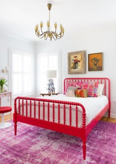Colorful Bedroom with Hot Pink Bed and Purple Antique Rug | Camille Styles (Merrilee-McGehee) A Jenny Lind Raspberry Bed