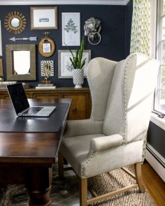 Come along on the tour of our cozy home office! The dark charcoal walls, eclectic gallery wall, and bright built-ins make this a favorite space in our home!