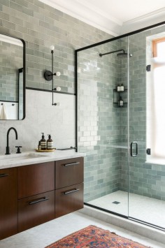 Contemporary bathroom; grey-green and white with black accents. Black fixtures by Jason Wu for Brizo. Designed by Ensemble Architecture.