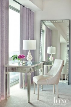 Contemporary Neutral Nook with Lavender Draperies
