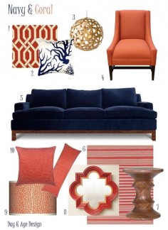 Coral Decor | navy blue velvet sofa. Great colour combo! Have to be really careful with the coral. Want to make it more on the orange side than the pink side.