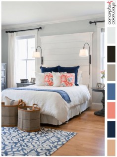 country cottage style bedroom with color palette, pantone riverside, marine blue accents, dark navy blue, red oak flooring, coral floral pillows, white quilt, white shiplap headboard, blue-gray walls, green-gray walls, black accents, reclaimed burlap bins, swing arm wall sconces