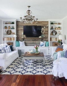Cozy Spring Home Tour - Blue, White and Aqua living room with rustic accents, pallet wall