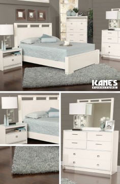 Create a modern nautical look with swatches of grey, white, and light pastels. The Altissa Seashell bedroom from Kane’s Furniture provides a fresh and clean space.