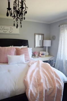 Create a romantic bedroom with bright whites and pale blush and pink bedding from HomeGoods. Sponsored Pin.