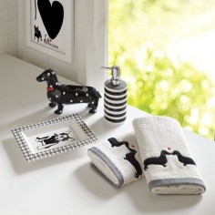 Create an eye-catching look in your bathroom with the HipStyle Hannah Collection. This unique set includes a cabana stripe soap dispenser, dachshund polka dot ring tray and boston terrier herringbone printed accessory tray.