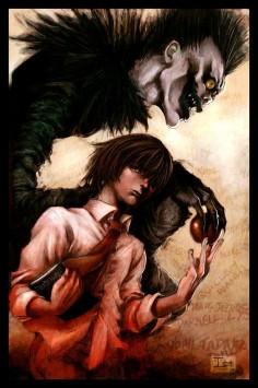 Death Note - Light Yagami and Ryuk. I'd heard of this show for years but only recently got around to watching it and I certainly enjoyed it. The audience is torn between rooting for Light/Kira and rooting for L. It's intense and a great anime for fans of murder mysteries, detective shows, and the paranormal.