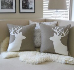 Deer Pair Decorative Pillow Covers, Sand Beige & Cream Appliqué Buck Silhouettes, 18x18, Antlers, Woodland Decor, Rustic Chic, Luxe Lodge