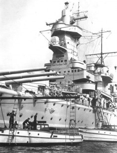 Detail view of the massive forward superstructure of the German pocket battleship Admiral Graf Spee