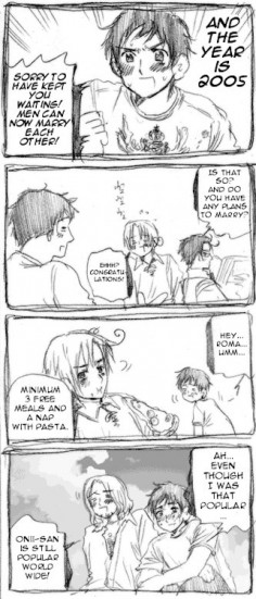 Didn’t anyone else notice that Spain was already providing Romano with those since he was a kid? So Romano basically said “I always wanted to marry you, you bastard, I’m just too tsundere to admit it so I have to set conditions you’re already fulfilling anyway.”