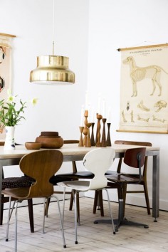 Dining room. Midcentury wood meets sleek metallics.