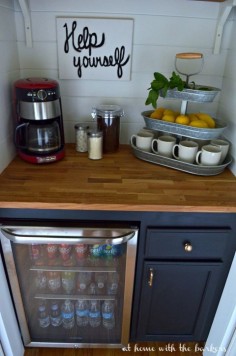 DIY Beverage Bar made with stock cabinets, chalky finish paint and butcher block! This space was a closet under the stairs. #decoartprojects #chalkyfinish #spon @DecoArt Inc.