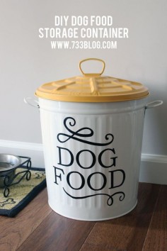 DIY Dog Food Storage Container Idea. I love this idea! Perfect storage solution for that big, bulky bag of dog food that is taking up space in the closet.