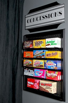 DIY Media Room Candy Display - An easy DIY project using pegboard and chalkboard paint to make a fun display for candy in a media room or game room. It could also be used on an easel for an outdoor movie night!