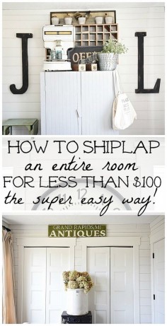DIY shiplap walls - How to shiplap an entire room for LESS THAN $100. A full tutorial on how to shiplap the easy way & the cheapest way for a huge impact. A must pin for future shiplap projects!