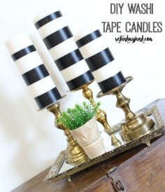 DIY Washi tape black and white striped candles and vintage brass candlesticks