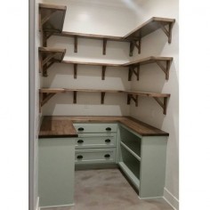 “Dream pantry is complete! Walls shiplap and painted @sherwinwilliams White Dove. Cabniets are @Nekesha Benjamin Antique Jade and hardware is from…”