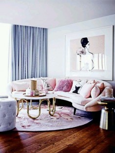 Dreamy living room in panties colors of 2016 blush-pink-pale-blue-glam-girly-penthouse-interior-design home of megan hess