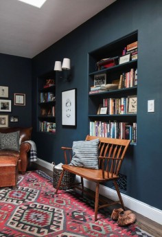 Emily Henderson_Hague Blue Reading Nook_Leather Chair_Gallery Wall_Bookshelves1