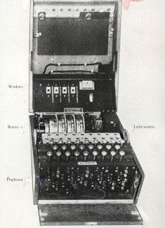 Enigma machine. Alan Turing was part of the British cryptographic team at Bletchley Park that cracked the German Enigma code during World War II.