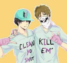 Eren and Levi. Repinning this just for Levi's shirt, LOL! xD
