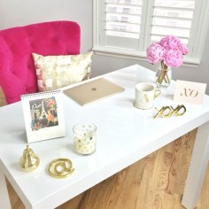 Everyone is telling me to pin my office!! Here it is! White desk! Pink chair! ❤️ White, gold, and pink office.