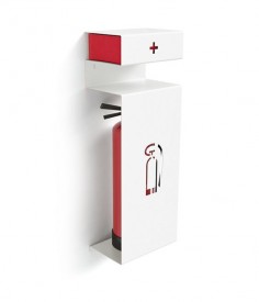 Fire by Formfusion. An unobtrusive powder-coated steel bracket conceals a fire extinguisher and a first aid kit but provides easy access in case of an emergency.