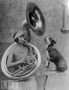 Flapper with tuba and howling dog.