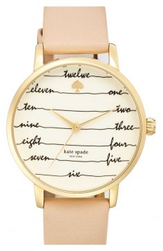 Flowing cursive offers whimsical timekeeping on this gold and leather Kate Spade watch. Its chic and sophisticated look will transition perfectly from outfit to outfit.