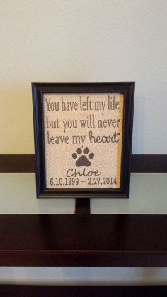 Framed Burlap Print - Pet Memorial - You have left my life, but you will never leave my heart - Dog Cat - Deceased Pet - Memory Frame - 8x10