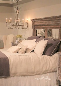 French Country Headboard - could be made from an old fireplace mantle and mirrored surround - via Feathered Nest Friday - FRENCH COUNTRY COTTAGE