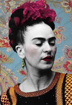 Frida Kahlo, visionary. i like how she has combined colours and a monochrome effect together, the bright colours draw you in (the bright pink flower on her head) and then you see that black and white effect, the lips stand out a lot compared to the face because they are bright red, this would draw the viewer in