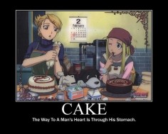 Fullmetal Alchemist. I love that Riza is decorating her cake with a red slash out sign over Roy's face.