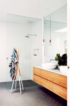 glass to floor, wood & marble vanity (want ours darker and different shape) don't hate the sinks Master bath inspo
