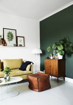 green wall, danish modern, retro, houseplants, wire planter, mustard yellow sofa, scandinavian interior, apartment, boho chic, botanical decor