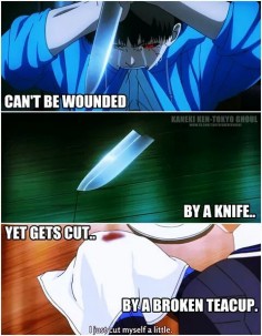 GUYS. THAT WAS AN ANIME. MISTAKE. In the manga, it was actually Tsukiyama who swiped his finger, but he made it LOOK like a paper cut!! In the anime, they made a cup cut him, and failed to portray that Tsukiyama actually cut him