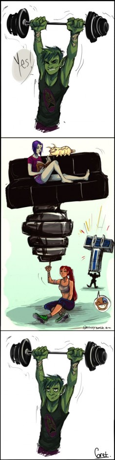 Gym buddies by Gretlusky on DeviantArt - Poor Beast Boy, only muscles to lift with