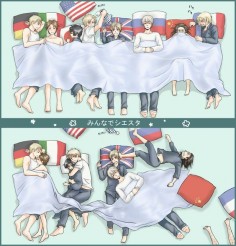Hetalia Sleepover! ♥ Top Pic: before going to sleep. Bottom Pic: after going to sleep (or at least trying to sleep despite the ) I'd so love to be Japan with America snuggled up close to  would you love to snuggle with?