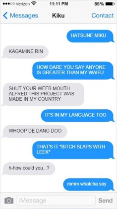 Hetalia Text Messages America and Japan argue over which vocaloid is better.