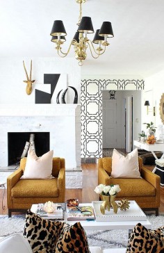 hollywood regency. living room. home decor and interior decorating ideas. black / white / gold / camel / yes