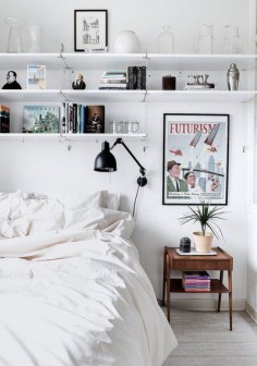 home, interior, white, shelving, bedding, vintage poster, lamp, storage