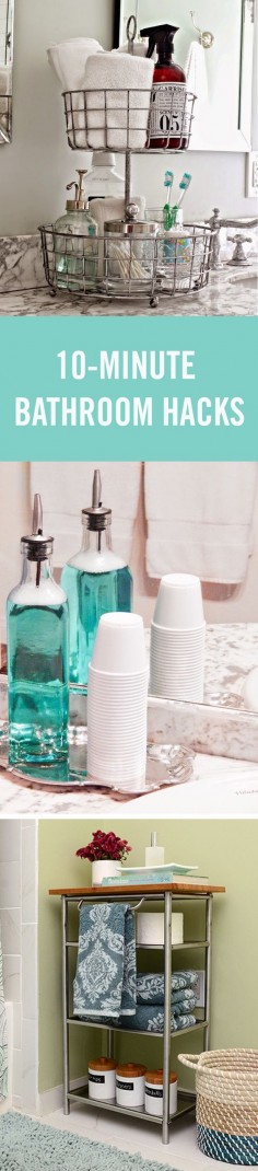 How is it that the bathroom always turns into a mess of toothbrushes on the counter, hair products all over, and towels on the floor? It really shouldn’t be so hard to keep this small room clean and organized, so we rounded up some quick hacks to make your bathroom a better place — from under the sink organization to DIY over the sink storage. #Organization