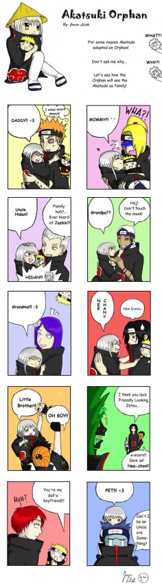 How Orphan sees the Akatsuki! The new members, Leonidas & Elton(girl) are Uncle and Aunt. Leo's sister, Tsuyoichi, is an Aunt too, and Sasuke is Onii-chan. Leo and Elton aren't their real names. - Makkura Murasaki, naruto