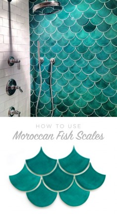 How to use Moroccan Fish Scales for your bath or shower wall! Unique tile with a gorgeous impact - simple yet stunning. See which colors and size are right for your space! #bathroomideas