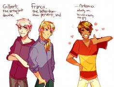 i love it in high school au fanfics when the bad touch trio are portrayed as a group of bullies featuring spain being too hard to villainize properly it’s just really cute /)v(