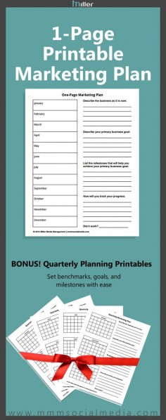 I love this! Just filled mine out and feeling ready to grow my business! A marketing plan doesn't have to be long and boring. Use this 1-page printable to set your marketing goals for the year. Bonus quarterly planners for mini goals and milestones.
