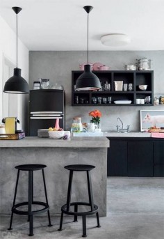 Interior Design - black shelves. love the concrete, clean, industrial look.