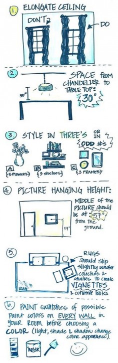 Interior Design Tricks and Rules. How to make your ceilings look taller. Distance from table to light fixture. How to decorate any room. Picture Hanging Height Tips. How to place furniture on rug. How to test your walls before painting. Paint Color Test. #InteriorDesign #Tips Via Fancy Fixtures.