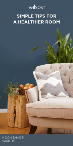 It’s easier than you think to live better in your living room. Simple decorating tricks, along with Valspar’s Zero VOC paint from Lowe’s, can help you breathe easier and live better. Add organic cotton pillows for sociably responsible relaxation. Have sansevieria plants to purify the air. Put out a fruit bowl for healthy snacking. Use Valspar’s Zero VOC Paint to help you breathe easier. Click pin to see Moon Shade and our full line of Zero VOC paint.